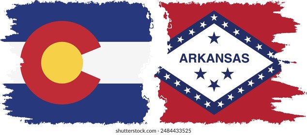 Arkansas and Colorado states grunge brush flags connection, vector