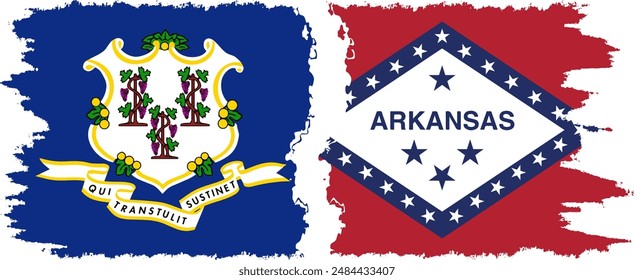 Arkansas and Connecticut states grunge brush flags connection, vector