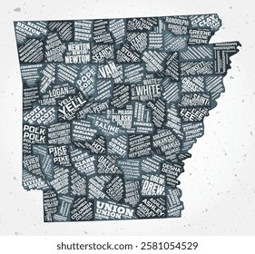 Arkansas counties word clouds. State shape on textured background. Arkansas design in typographic style. Beautiful vector illustration.