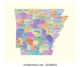 Arkansas county map, with county seats. 80 layers, each county on separate named layer, fully editable.