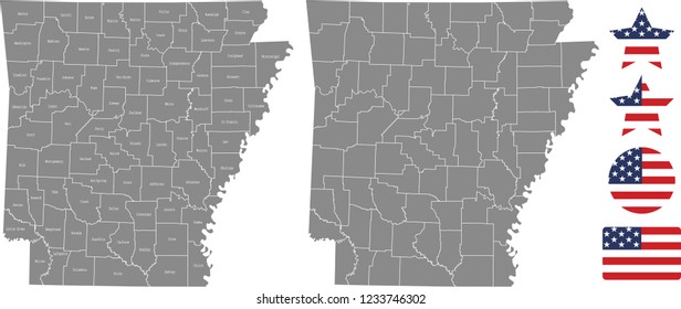 Arkansas county map vector outline in gray background. Arkansas state of USA map with counties names labeled and United States flag vector illustration designs