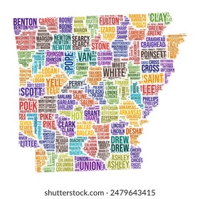 Arkansas county word cloud. State shape design. Arkansas colored illustration. County names collage cloud. Vector illustration.