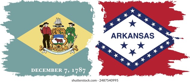 Arkansas and Delaware states grunge brush flags connection, vector