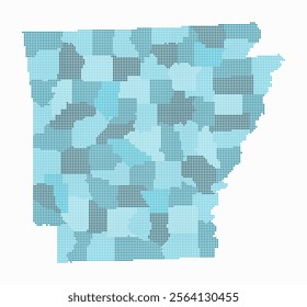 Arkansas dotted map. Digital style map of the state on white background. Arkansas shape with square dots. Colored dots style. Small size squares. Simple vector illustration.