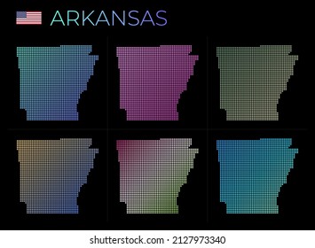 Arkansas dotted map set. Map of Arkansas in a dotted style with borders filled with beautiful smooth gradient circles. Appealing vector illustration.