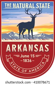 Arkansas, emblem of the U.S. state, deer at dawn on a red background