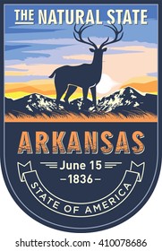 Arkansas, emblem of the U.S. state, deer at dawn on a blue background