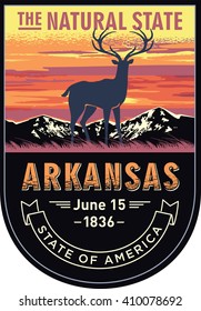 Arkansas, emblem of the U.S. state, deer at sunset on a dark background