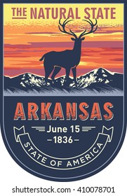 Arkansas, emblem of the U.S. state, deer at sunset on a blue background