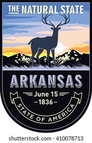 Arkansas, emblem of the U.S. state, deer at dawn on a dark background