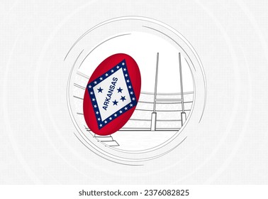 Arkansas flag on rugby ball, lined circle rugby icon with ball in a crowded stadium. Vector sport emblem on abstract background.