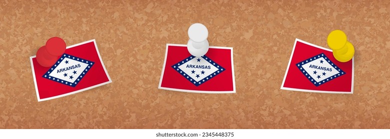 Arkansas flag pinned in cork board, three versions of Arkansas flag. Vector pushpins and flag set.