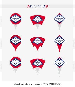 Arkansas flag, set of location pin icons of Arkansas flag. Vector illustration of national symbols.
