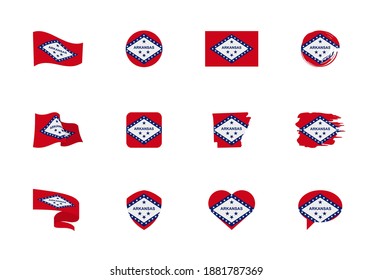 Arkansas - flat collection of US states flags. Flags of twelve flat icons of various shapes. Set of vector illustrations