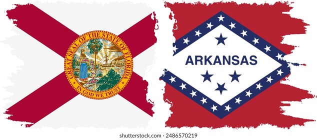 Arkansas and Florida states grunge brush flags connection, vector