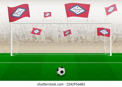 Arkansas football team fans with flags of Arkansas cheering on stadium, penalty kick concept in a soccer match. Sports vector illustration.