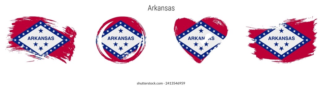 Arkansas hand drawn grunge style flag icon set. US state banner in official colors. Free brush stroke shape, circle and heart-shaped. Flat vector illustration isolated on white.