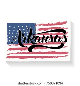 Arkansas hand lettering element on a background of a flag. Calligraphic element for your design. 