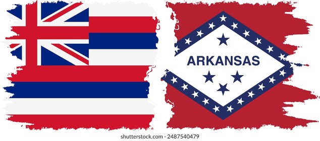 Arkansas and Hawaii states grunge brush flags connection, vector