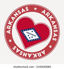 Arkansas heart flag badge. From Arkansas with love logo. Support the us state flag stamp. Vector illustration.