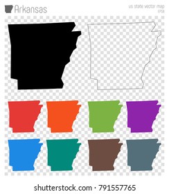 Arkansas high detailed map. Us state silhouette icon. Isolated Arkansas black map outline. Vector illustration.