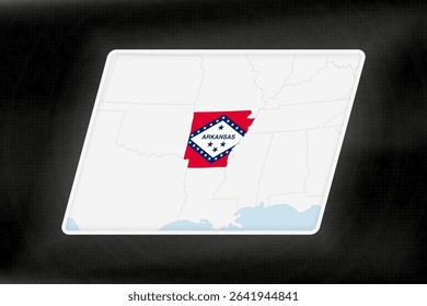 Arkansas Highlighted in Flag Colors on Geographic Map. Modern Map on a dark abstract backdrop.