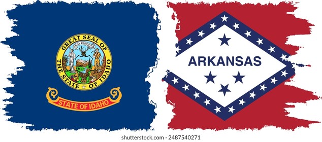 Arkansas and Idaho states grunge brush flags connection, vector