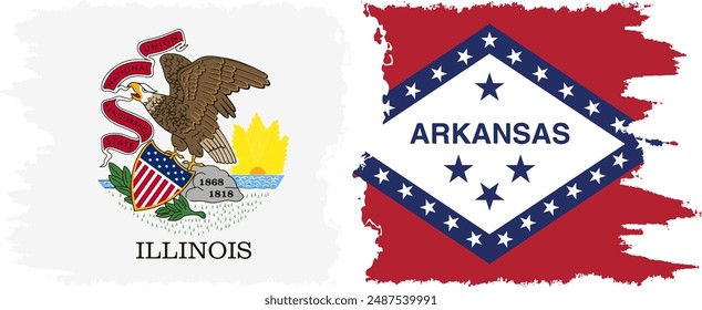 Arkansas and Illinois states grunge brush flags connection, vector