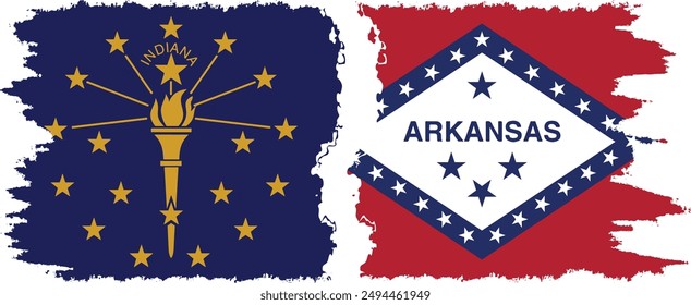 Arkansas and Indiana states grunge brush flags connection, vector