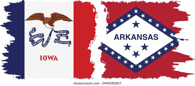 Arkansas and Iowa states grunge brush flags connection, vector