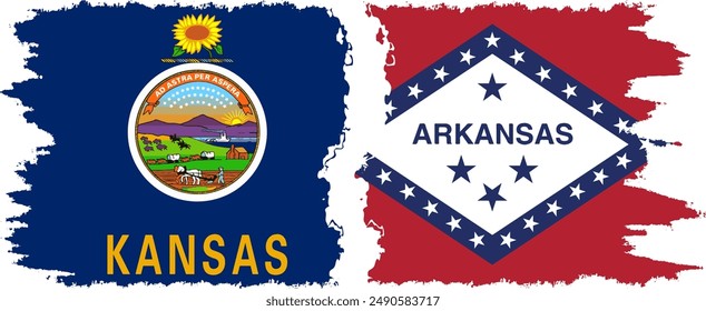 Arkansas and Kansas states grunge brush flags connection, vector