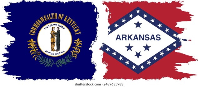 Arkansas and Kentucky states grunge brush flags connection, vector