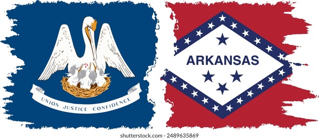 Arkansas and Louisiana states grunge brush flags connection, vector