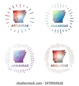 Arkansas low poly sunburst set. Logo of US state in geometric polygonal style. Vector illustration.