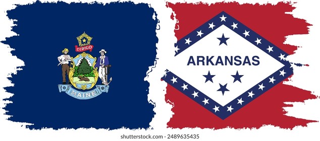 Arkansas and Maine states grunge brush flags connection, vector