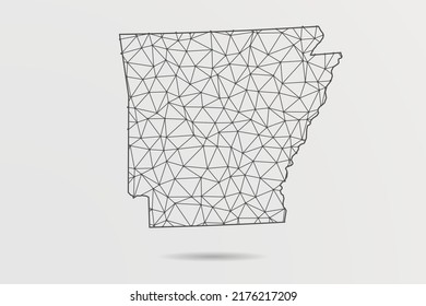 Mapa de Arkansas - Resumen de la línea de purga y las escalas de puntos sobre el fondo blanco con el mapa de Estados Unidos. Malla 3D del marco de cables línea de red poligonal, esfera de diseño, punto y estructura - Ilustración vectorial eps 10