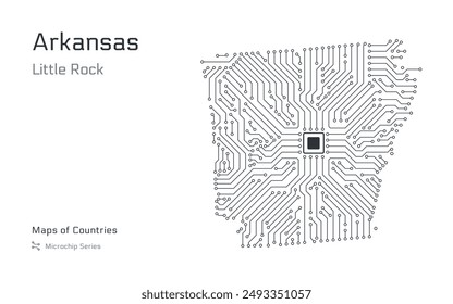 Arkansas Map with a capital of Little Rock Shown in a Microchip Pattern. E-government. United States vector maps. Microchip Series