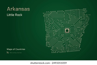 Arkansas Map with a capital of Little Rock Shown in a Microchip Pattern. E-government. United States vector maps. Microchip Series