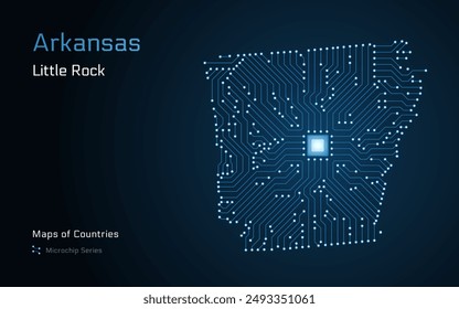 Arkansas Map with a capital of Little Rock Shown in a Microchip Pattern. E-government. United States vector maps. Microchip Series