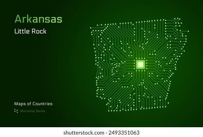 Arkansas Map with a capital of Little Rock Shown in a Microchip Pattern. E-government. United States vector maps. Microchip Series