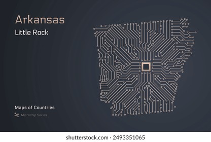 Arkansas Map with a capital of Little Rock Shown in a Microchip Pattern. E-government. United States vector maps. Microchip Series