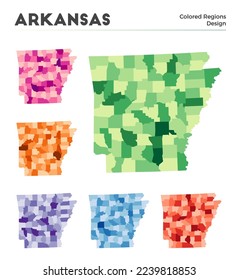 Arkansas map collection. Borders of Arkansas for your infographic. Colored us state regions. Vector illustration.