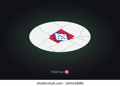 Arkansas map in dark color, oval map with neighboring US states. Vector map and flag of US state Arkansas