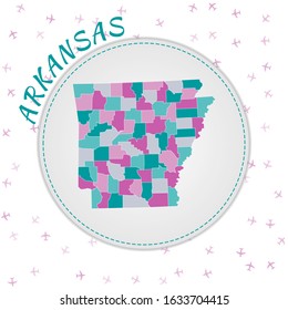 Arkansas map design. Map of the US state with regions in emerald-amethyst color palette. Rounded travel to Arkansas poster with US state name and airplanes background. Authentic vector illustration.
