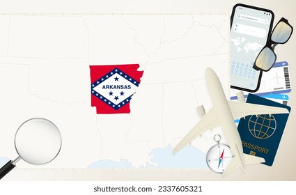 Arkansas map and flag, cargo plane on the detailed map of Arkansas with flag, passport, magnifying glass and airplane. Vector template.