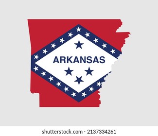 Arkansas Map Flag. Map of Arkansas, USA with the state flag of Arkansas. United States, America, American, United States of America, US, AR State banner. Vector illustration.