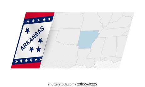 Arkansas map in modern style with flag of Arkansas on left side. Vector illustration of a map.