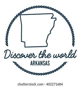 Arkansas Map Outline. Vintage Discover the World Rubber Stamp with Arkansas Map. Hipster Style Nautical Rubber Stamp, with Round Rope Border. USA State Map Vector Illustration.