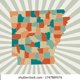 Mapa de Arkansas. Afiche con mapa del estado de ee.uu. en paleta de color retro. Forma de Arkansas con fondo de rayos solares. Ilustración vectorial.