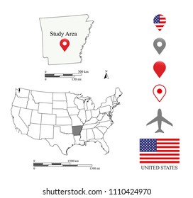 Arkansas map scale. USA map scale miles and kilometers. United States map vector outline. USA flag and navigation pointer icons. A creative map for educational purposes